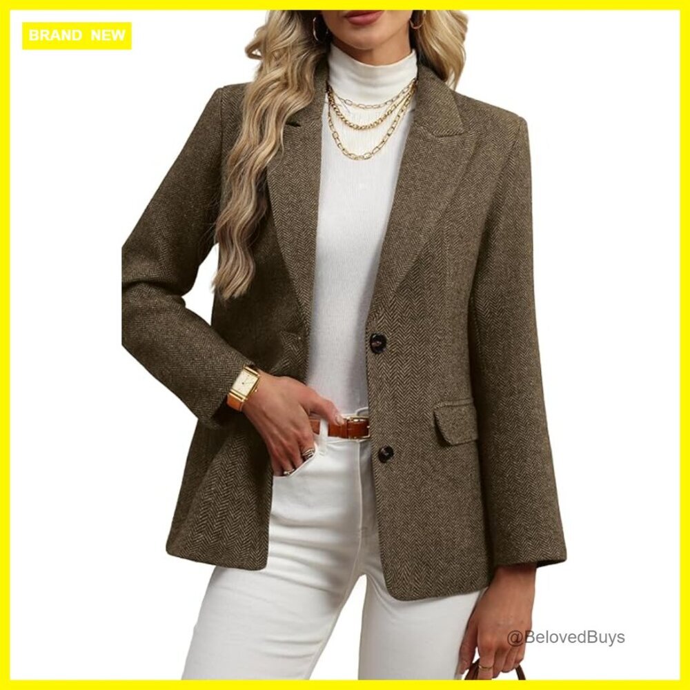 Wool Blend Herringbone Tweed Blazer Oversized Fit Business Casual Jacket